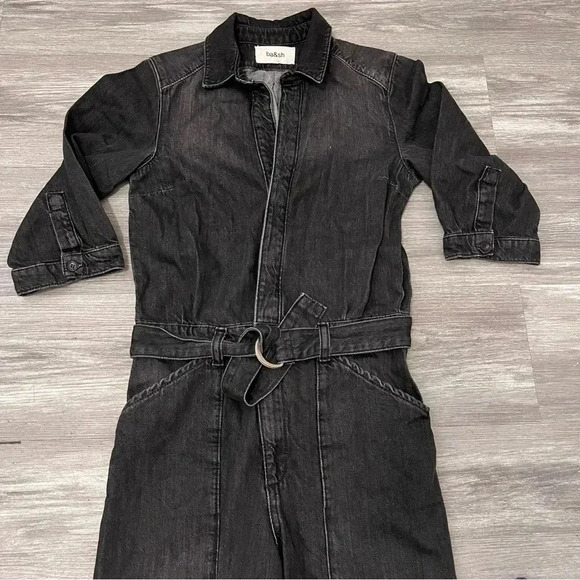 ba&sh Women’s Frida Denim Jumpsuit  Black Size 0‎ Waist Tie Front Buttons - Picture 3 of 9